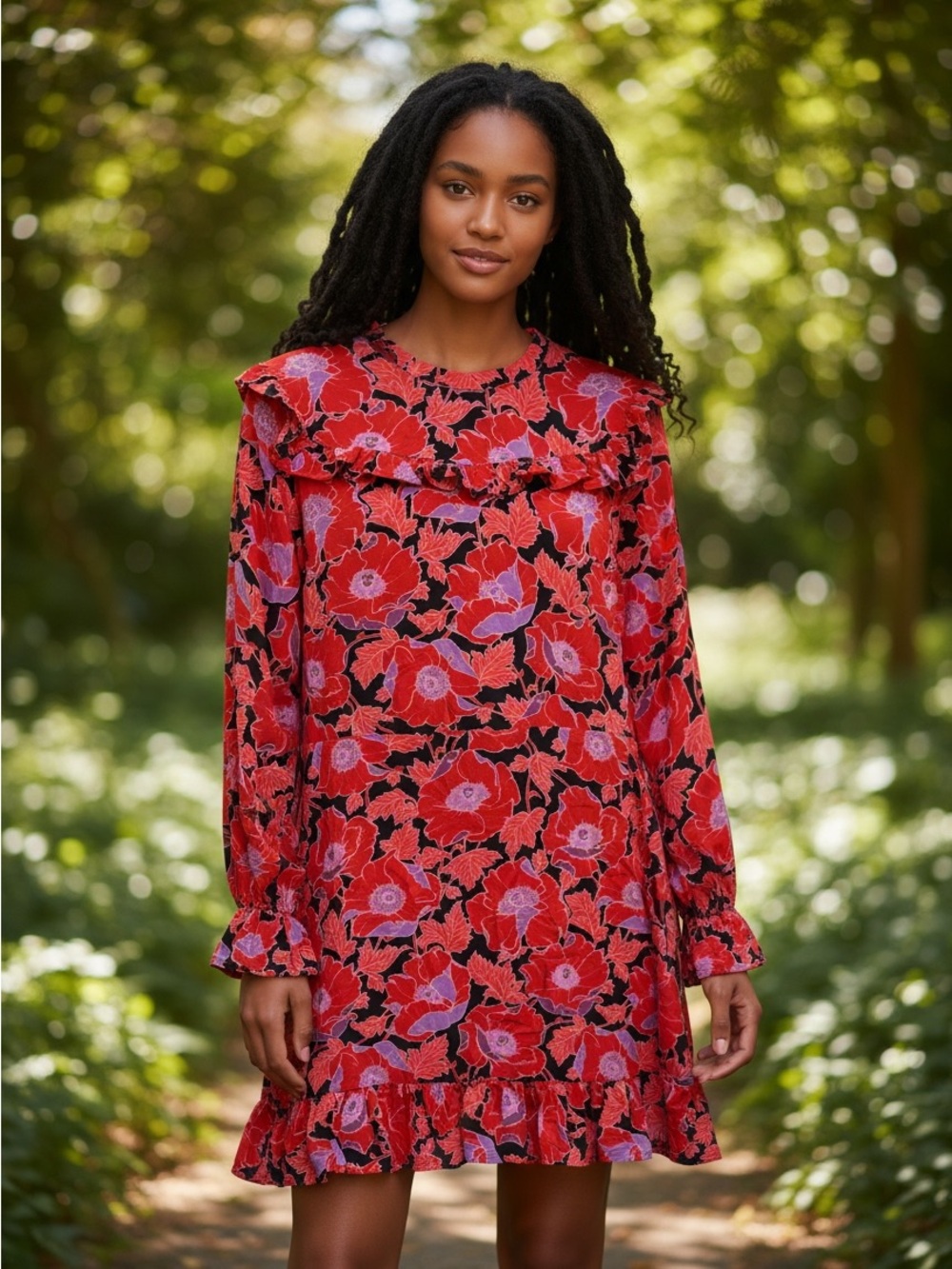 Who What Wear Red Floral Ruffle Mini Dress